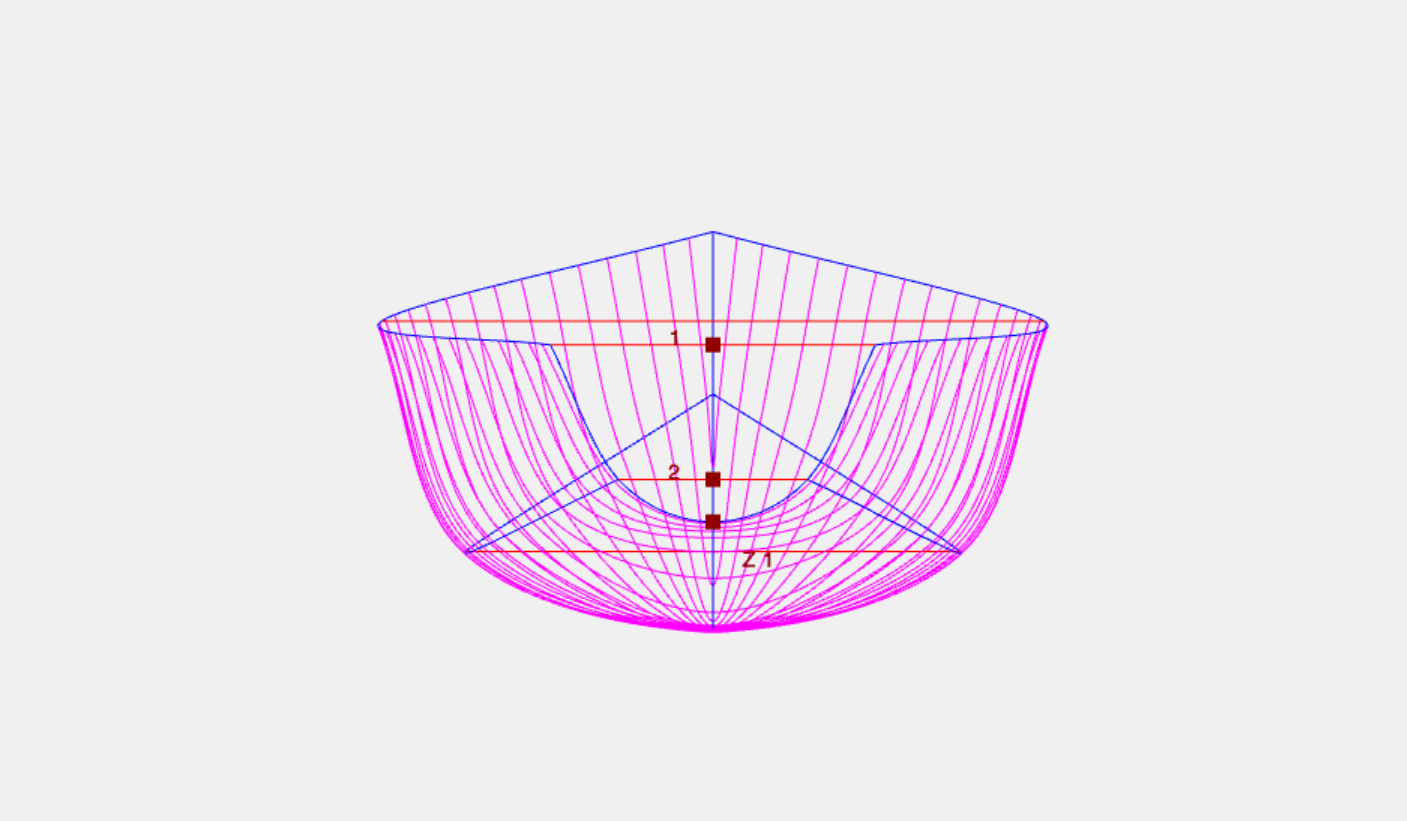 Fisher boat blueprint 3D view. Parametric curves